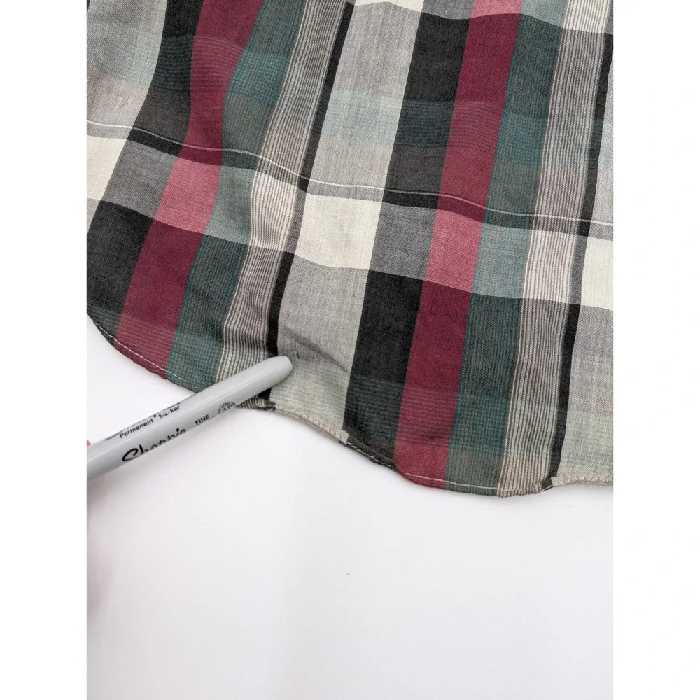 Ely Plains Vintage Western Pearl Snap Plaid Shirt Burgundy Green Mens 16.5 x‎ 34